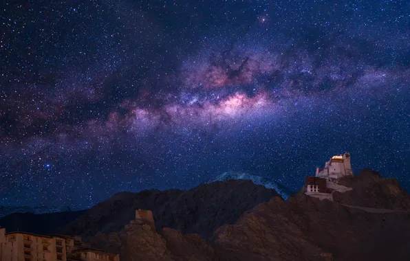 Stars, night, The Milky Way, the monastery, Namgyal Tsemo, Of Jammu and Kashmir. India, the …