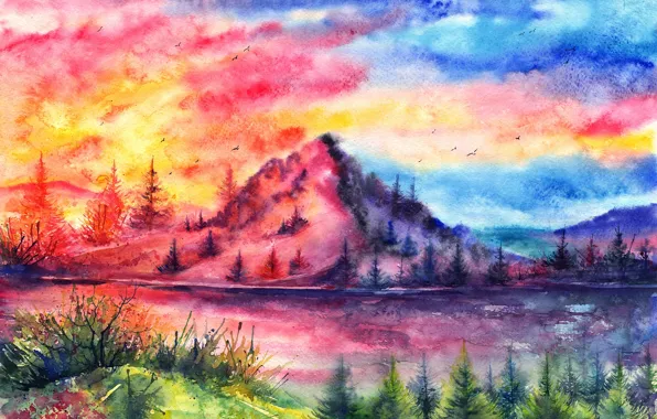 Sunset, birds, river, mountain, watercolor, tree, painted landscape