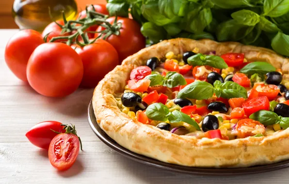 Corn, pepper, pizza, tomatoes, olives, spices, tomatoes, Fast food