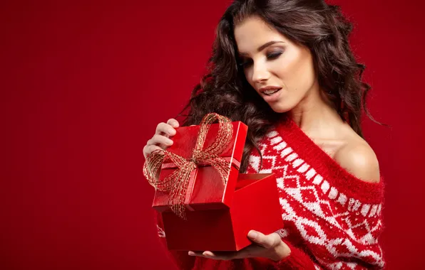 Red, background, holiday, box, gift, new year, makeup, Christmas