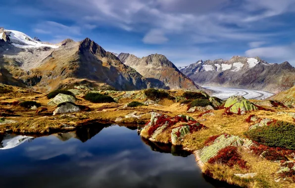 Road, landscape, mountains, nature, lake, Switzerland, glacier, Aletsch glacier