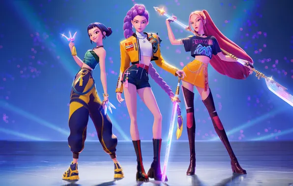 Picture redhead, standing, purple hair, women trio