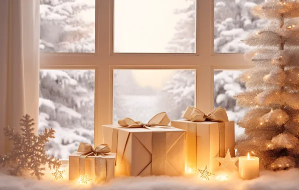 Winter, decoration, balls, tree, New Year, window, Christmas, gifts