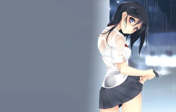 Picture girl, sexy, school uniform, rain, long hair, boobs, anime, beautiful