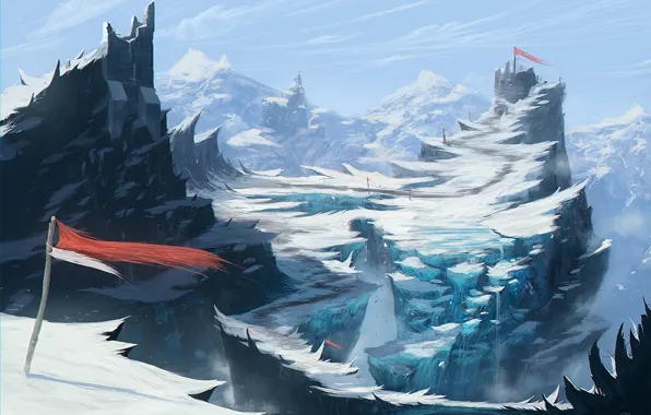 Cold, snow, mountains, open, rocks, the wind, art, Fort