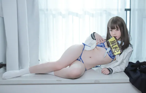 Asian, school uniform, model, women, cosplay, socks, bangs, pointed toes