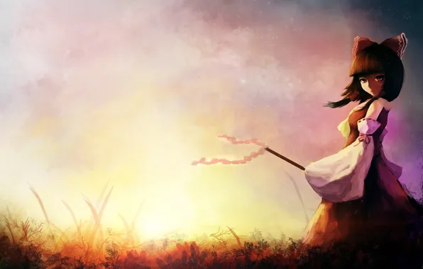 Grass, girl, sunset, art, bow, touhou, hakurei reimu, gracehoo