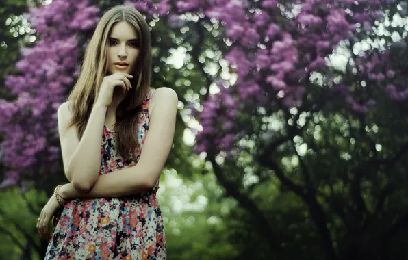 Look, girl, flowers, branches, tree, bracelet, brown hair