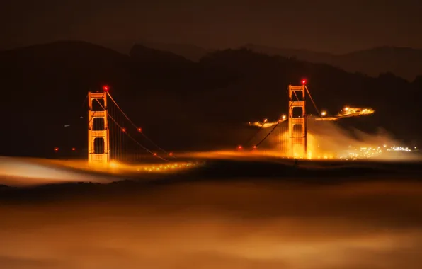 Night, lights, fog, hdr, support, San Francisco, the Golden Gate bridge