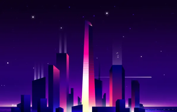 Light, night, city, the city, skyscrapers, light, purple, minimalism