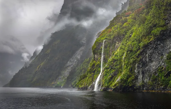 Picture mountains, fog, river, rocks, waterfall, New Zealand, the fjord, Fiordland