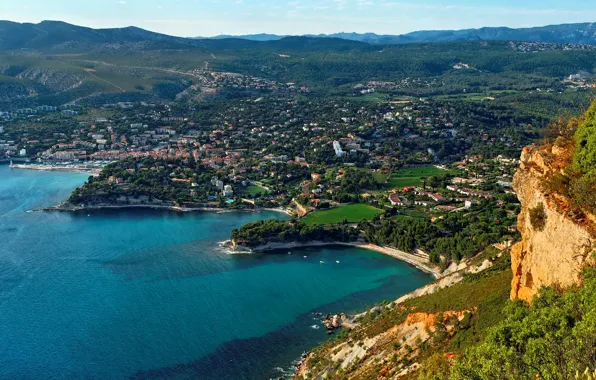 Sea, trees, mountains, rocks, coast, France, home, panorama