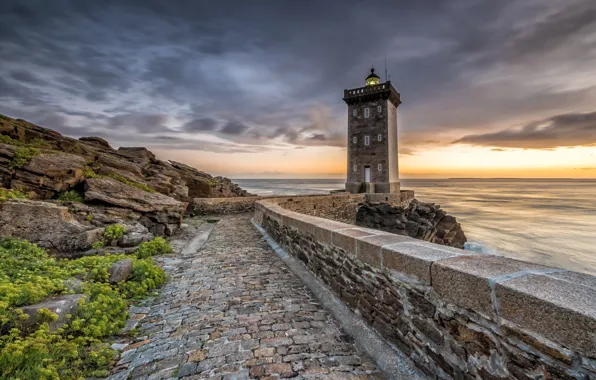 Sea, the sky, sunset, stones, shore, France, lighthouse, Kermorvant