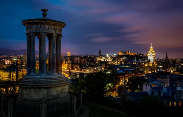 The sky, clouds, night, the city, hills, building, tower, height