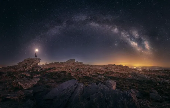 Mountains, night, stones, The milky way, tourist