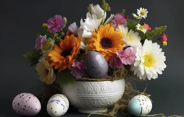 Flowers, table, holiday, egg, eggs, bouquet, spring, Easter