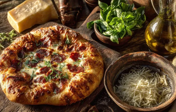 Greens, light, table, Board, food, cheese, bowl, pizza