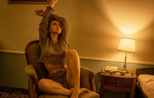 Sexy, pose, wall, model, shorts, lamp, bed, picture