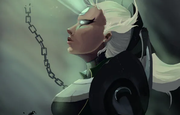 Girl, ray, art, chain, profile, white hair, league of legends, diana