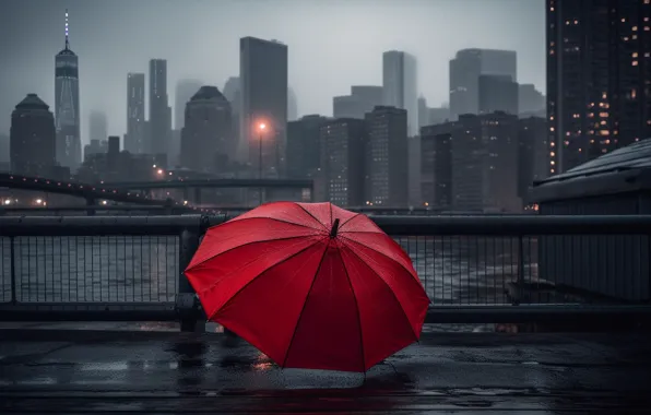 City, the city, rain, skyscrapers, umbrella, red, sad, rain