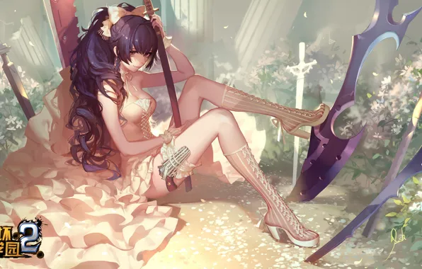 Girl, flowers, weapons, ruins, by miHoYo, Mei Raiden, Houkai Gakuen 2
