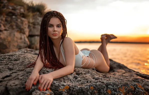 Sea, swimsuit, girl, sunset, stones, barefoot, brunette, braids