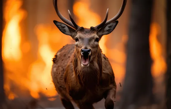 Trees, Smoke, Fire, Fire, Deer, Horns, Digital art, AI art
