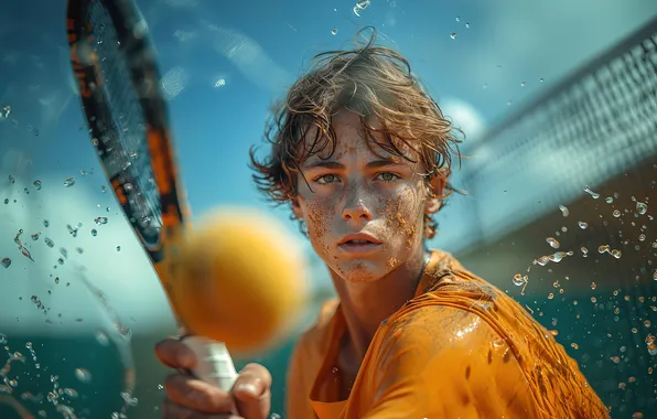 Look, The ball, Sport, Guy, Squirt, Blow, Tennis, Racket