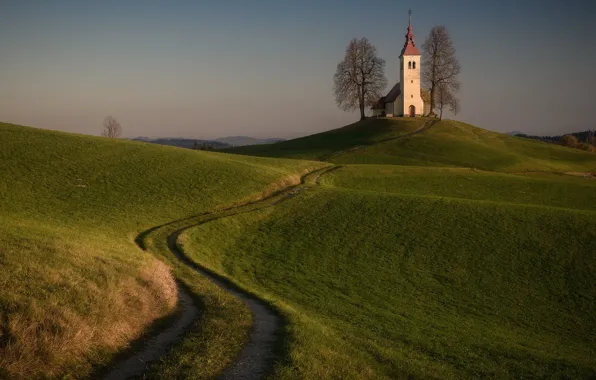 Road, trees, landscape, sunset, nature, hills, Church, Slovenia