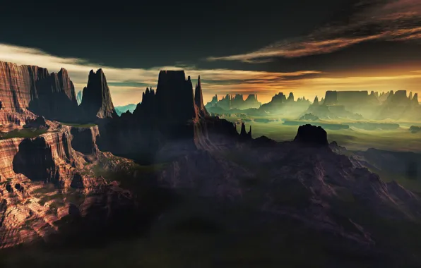 Clouds, landscape, sunset, fog, rocks, view, art, lightdrop