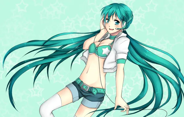Girl, background, headphones, art, vocaloid, hatsune miku, tails