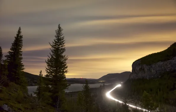 Road, light, mountains, night, lights, track, Canada, Albert