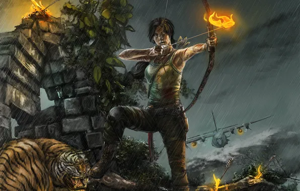 Picture girl, tiger, the plane, bow, Tomb Raider, arrows, Lara
