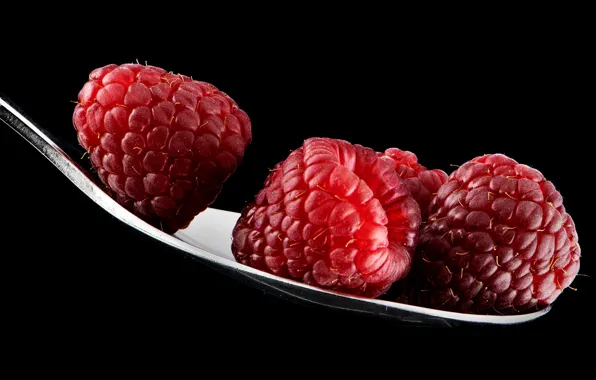Picture berries, raspberry, food, spoon, black background, composition, Malinka