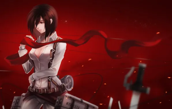 Chest, look, scarf, fantasy, beautiful, swords, tears, red background