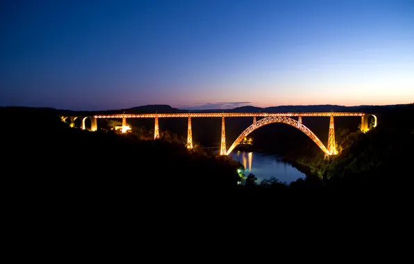 Picture road, the sky, water, landscape, night, bridge, lights, river