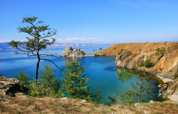 The sky, the sun, trees, lake, stones, rocks, shore, Baikal