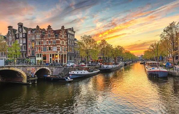 The sky, trees, sunset, bridge, home, channel, boats, Amsterdam