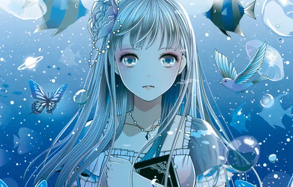 Noyu, profile, blue hair, blue eyes, shoulder length hair, looking away,  portrait display, anime girls, hair ornament, water, fish, fishbowls,  jellyfish, clownfish, starfish, sea anemones, bubbles, coral, seaweed, dark  background, stars, simple