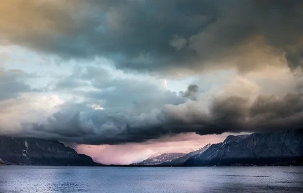 Picture the storm, the sky, clouds, river, Mountains