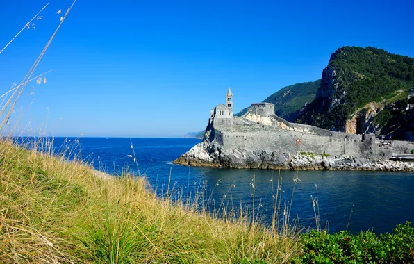 Sea, the sky, grass, mountains, rocks, Church