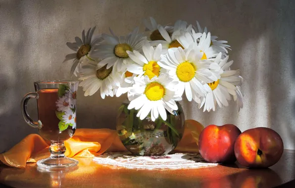 Flowers, photo, tea, glass, chamomile, morning, fruit, still life