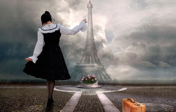 Picture girl, rain, Paris, suitcase, Takis Poseidon