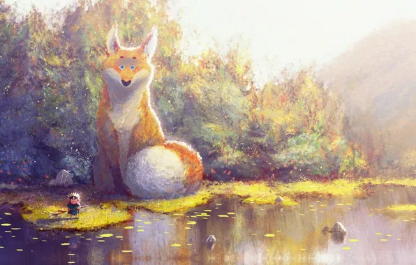 Picture autumn, art, Fox, fantasy, children's, Prince of Sunflower scene 4, Gop Gap