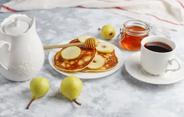 Coffee, Breakfast, kettle, Cup, pear, honey, pear, pancakes