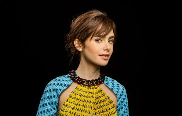 Portrait, makeup, dress, actress, hairstyle, brown hair, black background, photoshoot