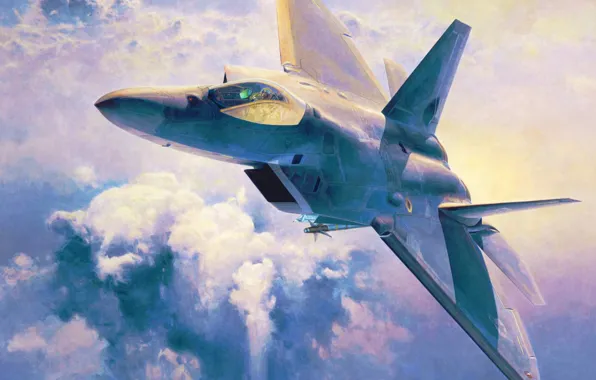 War, art, airplane, painting, jet, Lockheed F 22 Raptor