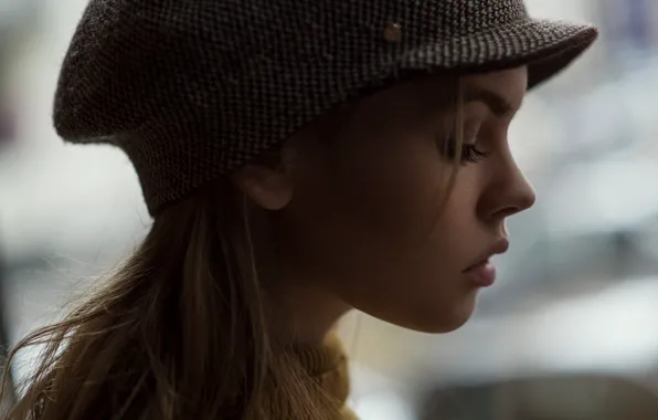 Macro, face, sweetheart, model, portrait, light, cap, brown hair