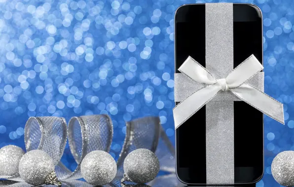 Balls, holiday, gift, Christmas, tape, New year, phone, bow