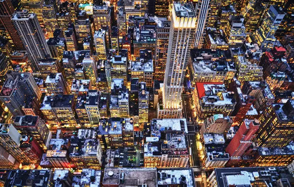 Winter, lights, building, skyscrapers, the evening, roof, new York, new york